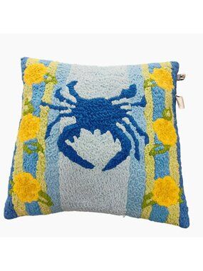 Blue Crab Coastal Hooked Pillow 16" Yellow Floral Accents Nautical Cushion Beach